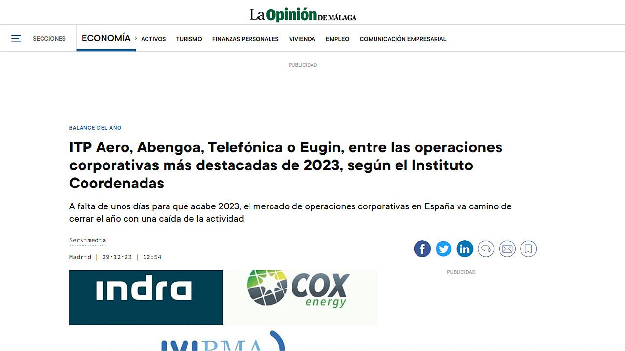 ITP Aero, Abengoa, Telefnica o Eugin, entre las operaciones corporativas ms destacadas de 2023, segn el Instituto Coordenadas